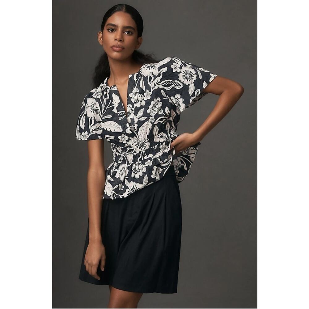 Anthropologie Somerset Black White Floral Cotton Blouse Medium